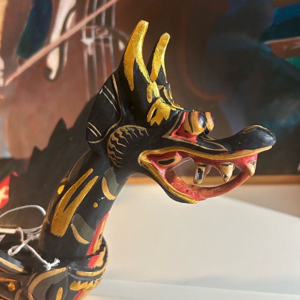 Vtg 90s Dragon Naga Flying Hanging 17" Green/Gold Handmade Wooden Bali Folkart - Picture 12 of 16
